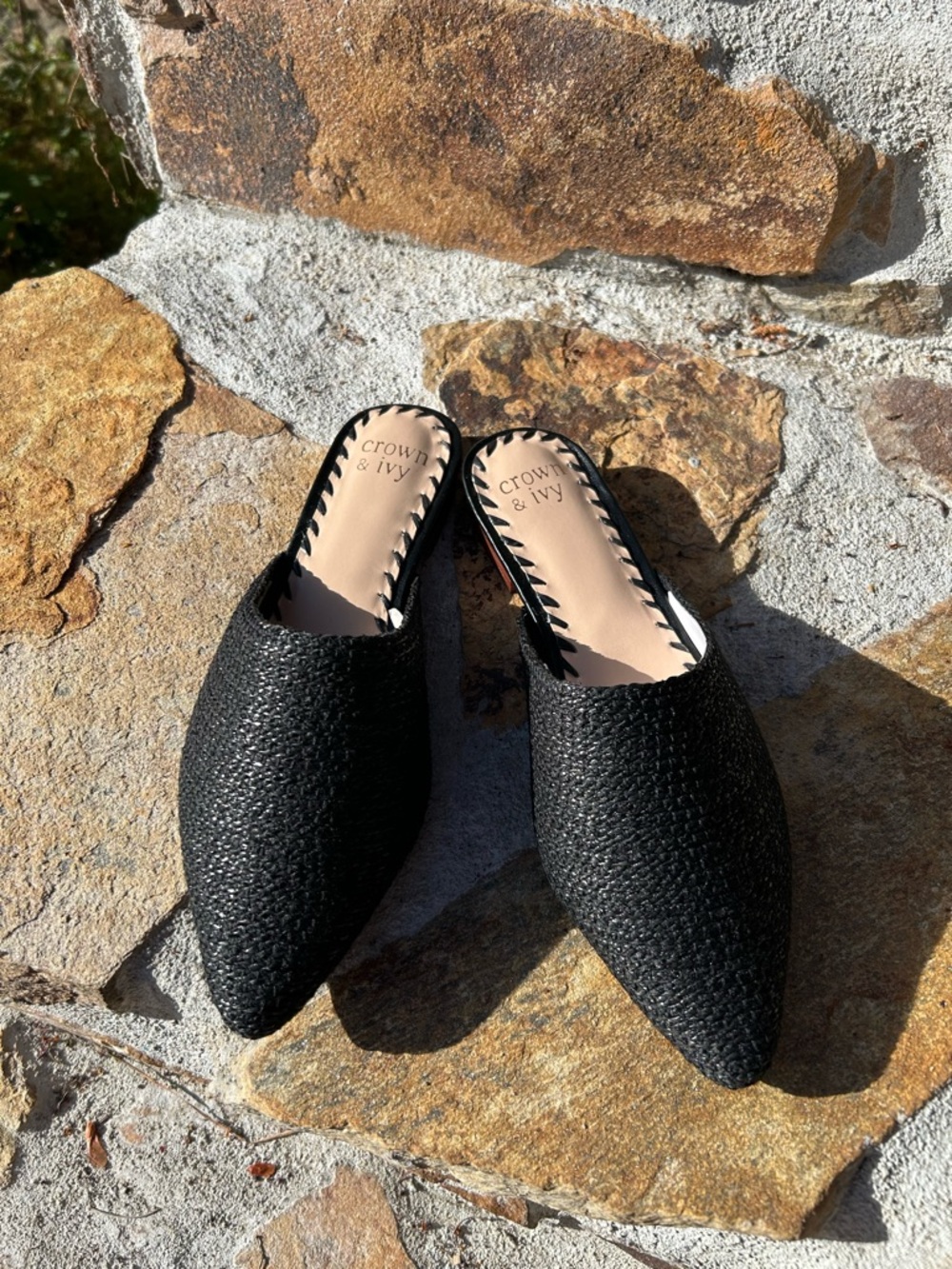 crown & ivy Black Woven Pointed-Toe Slip-On Mules